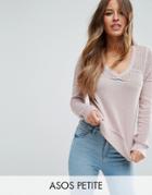 Asos Petite Sweater In Pointelle Stitch With V Neck - Beige