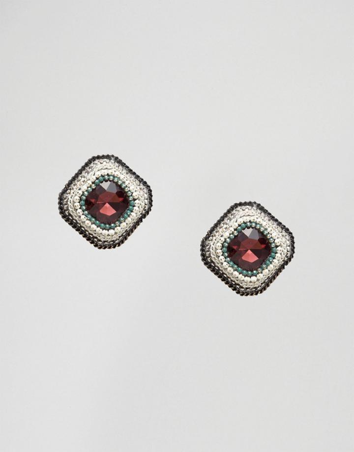 Nylon Square Gem Stud Earrings - Gold