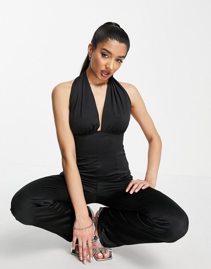 Monki Deep V-neck Sleevless Shine Jumpsuit In Black