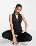 Monki Deep V-neck Sleevless Shine Jumpsuit In Black