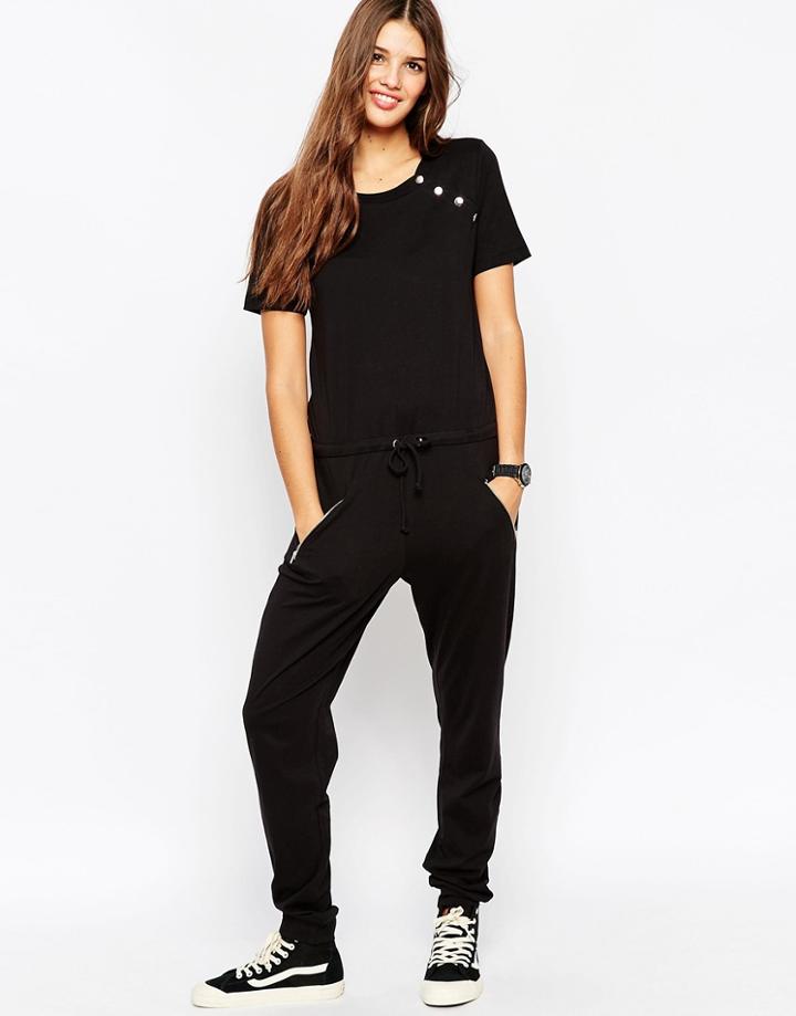 Asos Drawstring Jumpsuit With Metal Poppers And Zips - Black