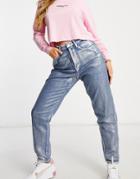Tommy Jeans High Rise Silver Metallic Coated Mom Jean In Blue-blues
