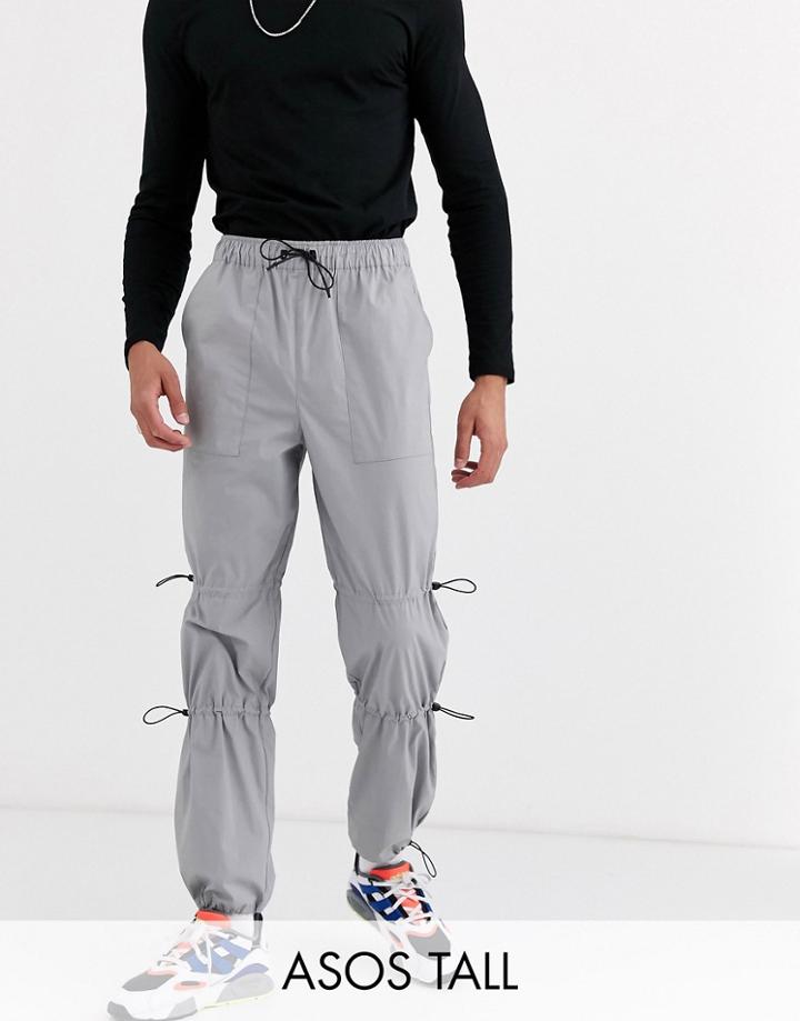 Asos Design Tall Cargo Pants With Ruched Leg Details In Gray-silver