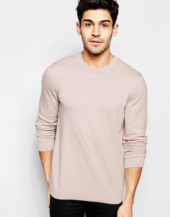 Asos Crew Neck Sweater In Pink Cotton - Light Pink