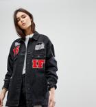 Kubban Tall As If Embroidered Oversized Denim Jacket - Black