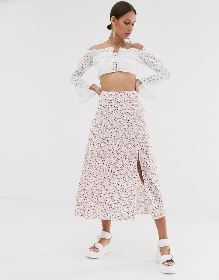 Resume Olive Floral Midi Skirt With Slit-white