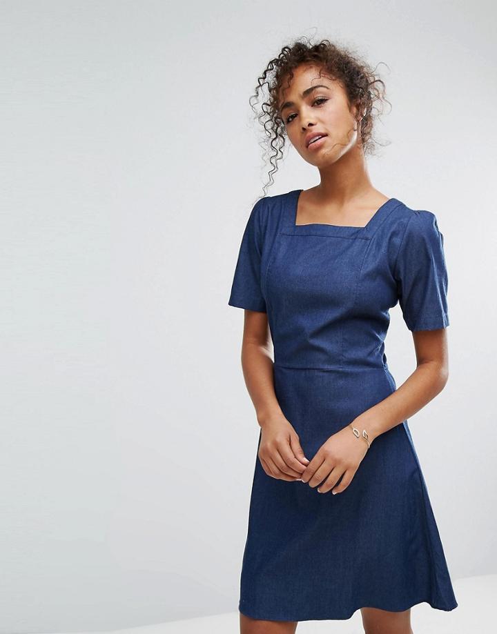 Trollied Dolly Square Neck Denim Dress - Blue