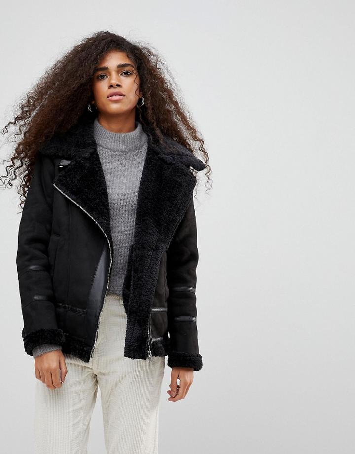 B.young Faux Sherling Aviator Jacket - Black