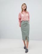 Asos Denim Midi Skirt In Khaki - Green