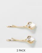 Asos Design Pack Of 2 Hair Clips With Leaf And Pearl Detail In Gold - Gold
