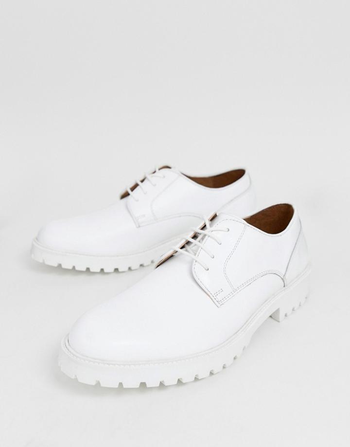 Asos Design Derby Shoes In White Leather With Chunky Cleated Sole - White