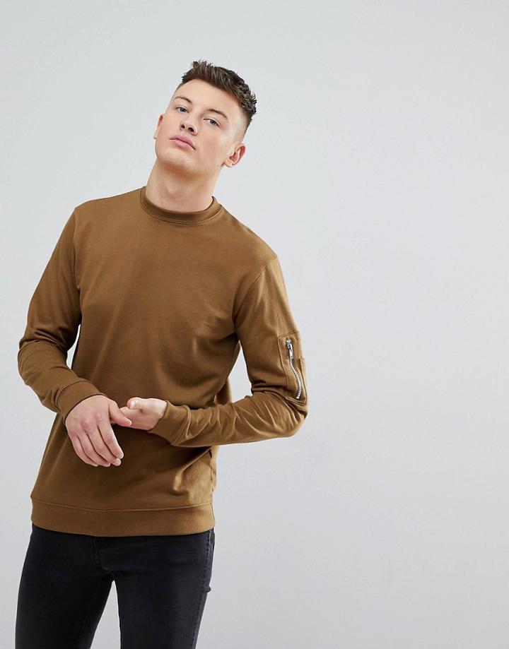 Boohooman Sweat With Zip Pocket Detail In Tan - Green