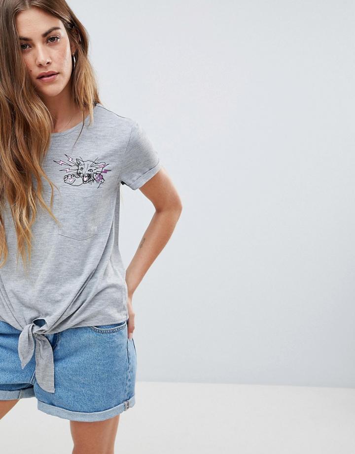 Sugar Dust Tie Front T Shirt With Angry Cat Pocket Detail - Gray
