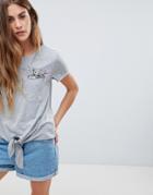 Sugar Dust Tie Front T Shirt With Angry Cat Pocket Detail - Gray