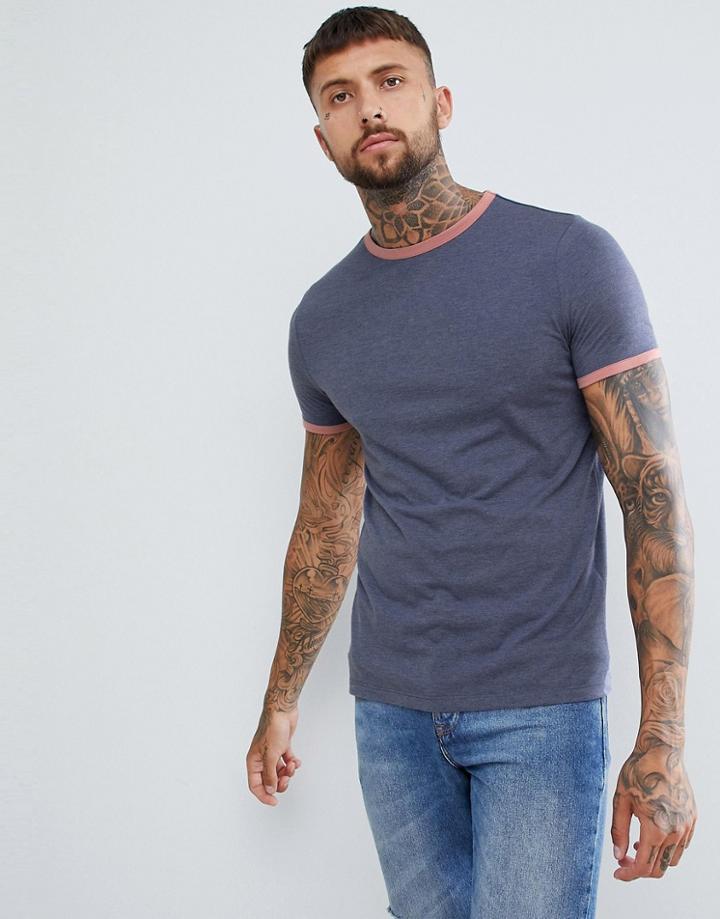 Asos Design T-shirt With Contrast Ringer In Blue - Blue
