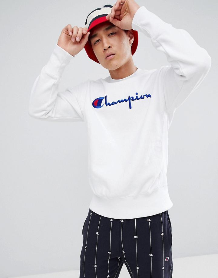 Champion Reverse Weave Sweatshirt With Large Script Logo In White - White