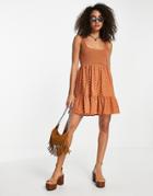 Asos Design Shirred Mini Sundress With Tiers In Rust Spot Print
