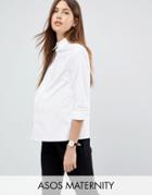 Asos Design Maternity 3/4 Sleeve Shirt In Stretch Cotton - White