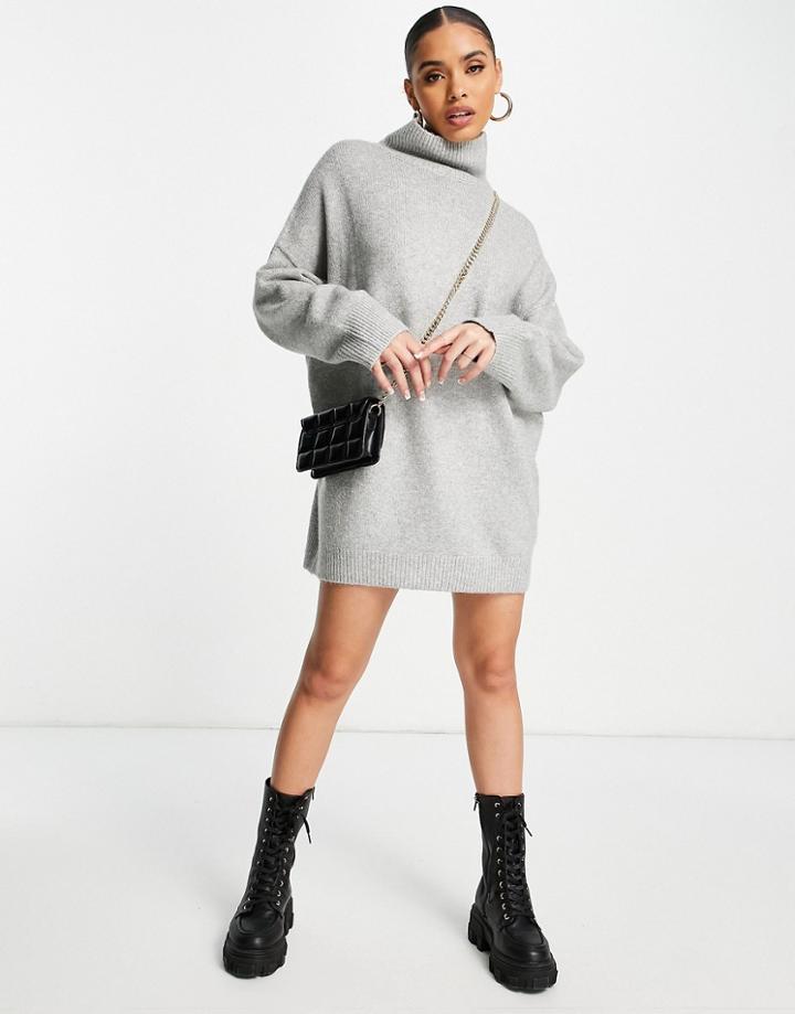 Pull & Bear Knitted Rollover Long Sleeved Dress In Gray