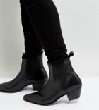 Asos Design Wide Fit Stacked Heel Boots In Black Leather With Lightening Detail - Black