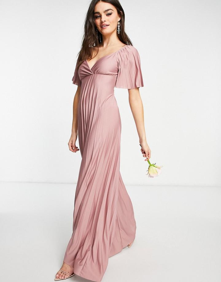 Asos Design Pleated Twist Back Cap Sleeve Maxi Dress In Rose-pink