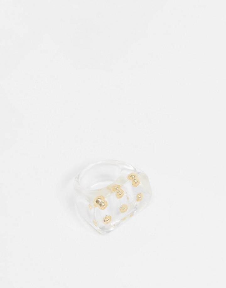 Asos Design Ring In Clear Plastic With Gold Balls