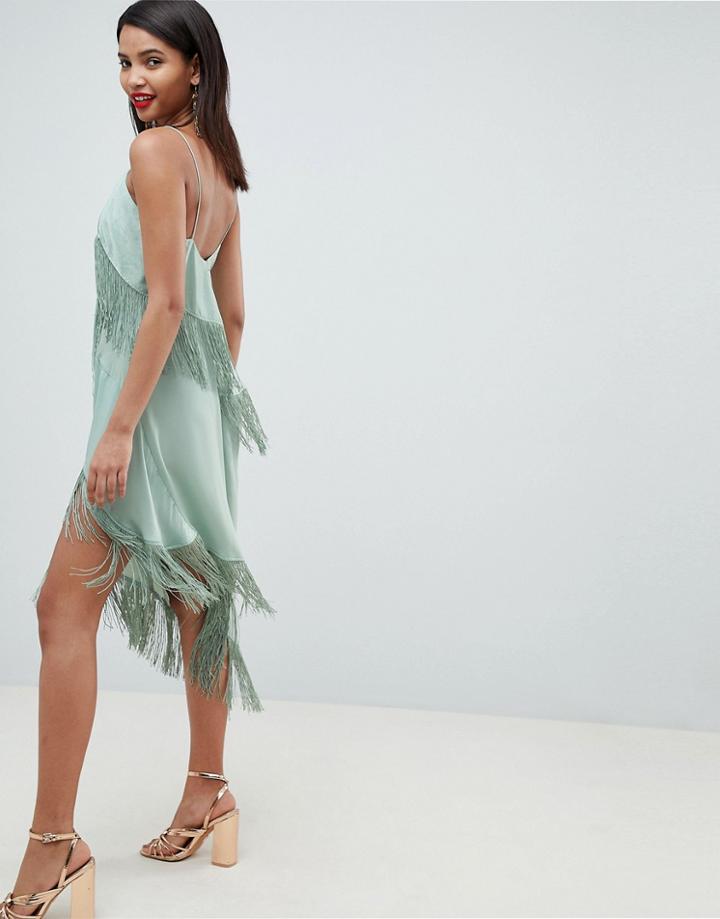Asos Design Satin Fringe Midi Dress With Cut Out Sides - Green
