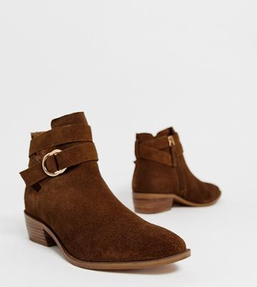 Simply Be Extra Wide Dina Ankle Boots With Buckle Detail In Brown Suede