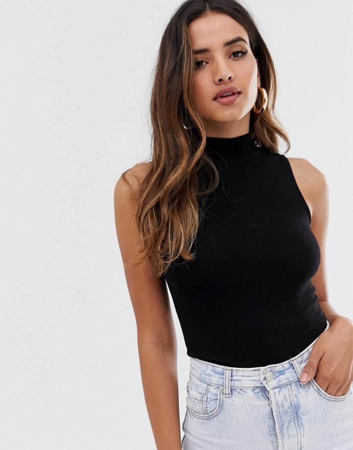 Stradivarius High Neck Sleeveless Ribbed Tank In Black - Black