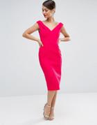 Asos Pencil Dress With Bardot Neckline In Textured Jacquard - Pink