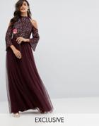 Maya Cold Shoulder Maxi Dress In Tonal Delicate Sequin With Tulle Skirt And Kimono Sleeve - Red