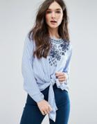 Qed London Tie Front Top With Embroidery - Blue
