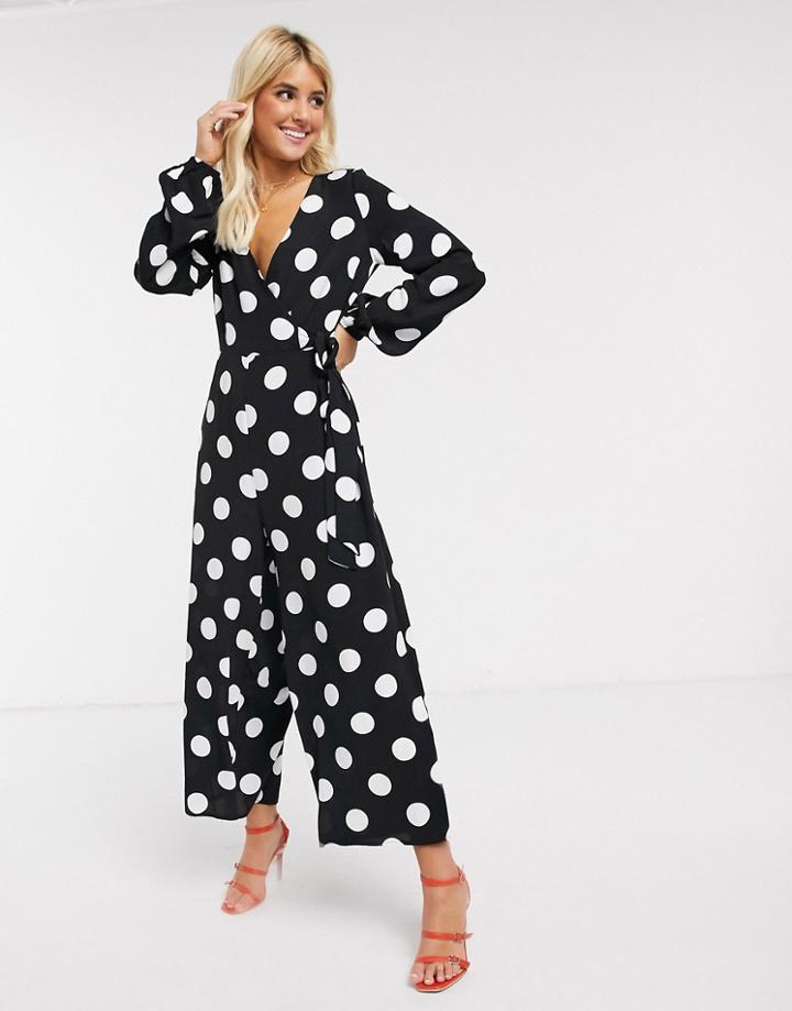 Asos Design Wrap Tie Jumpsuit In Mono Polka Dot-multi