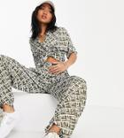 Noisy May Petite Set Wide Leg Pants In Khaki Abstract Print-multi