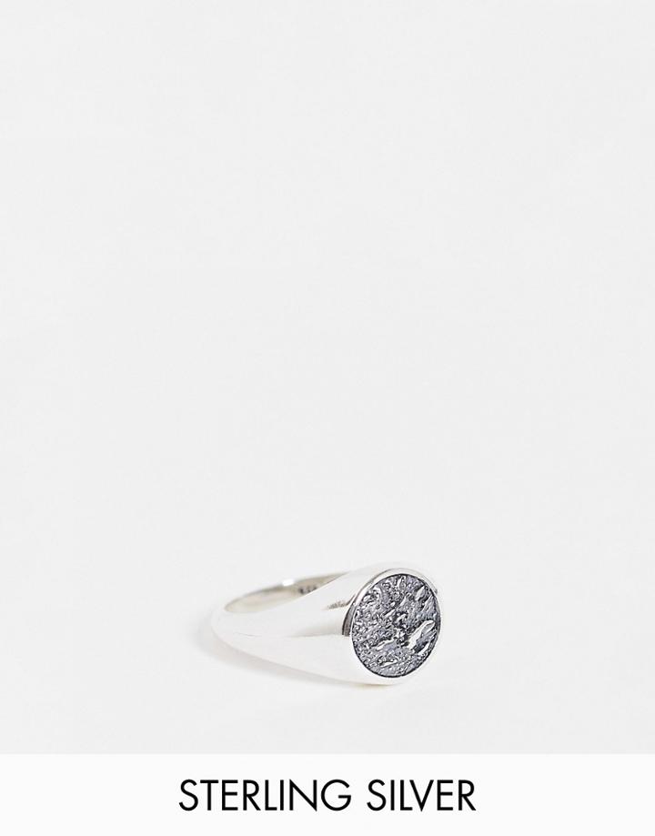 Asos Design Sterling Silver Signet Ring With Moon Craters In Burnished Silver