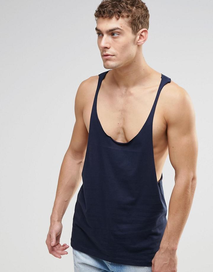 Asos Tank With Extreme Racer Back And Raw Edge In Navy - Navy