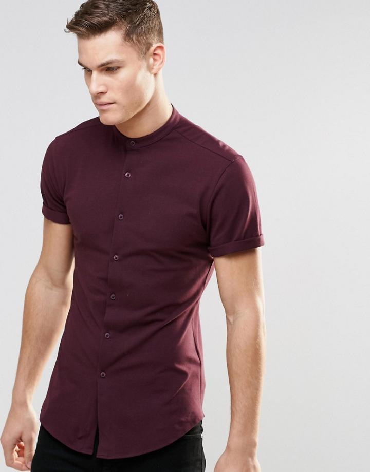 Asos Skinny Shirt In Burgundy Jersey With Grandad Collar And Short Sleeves - Burgundy