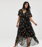 Asos Design Curve Maxi Dress With Cape Back And Dip Hem In Dark Floral Print - Multi