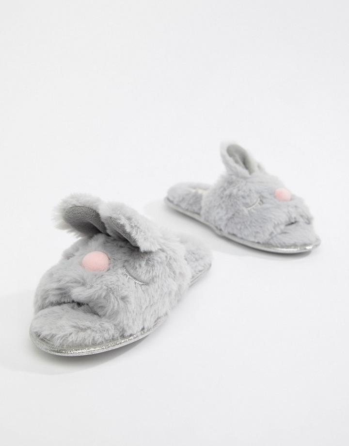 Head Over Heels By Dune Flopsy Gray Fluffy Bunny Face Mule Slippers - Gray