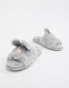 Head Over Heels By Dune Flopsy Gray Fluffy Bunny Face Mule Slippers - Gray