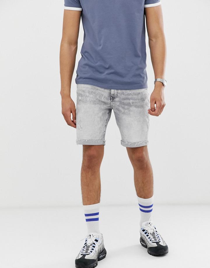 Bershka Slim Fit Denim Shorts With Raw Hem In Acid Wash Gray