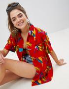 Asos Design Open Shirt In Bright Festival Print - Multi