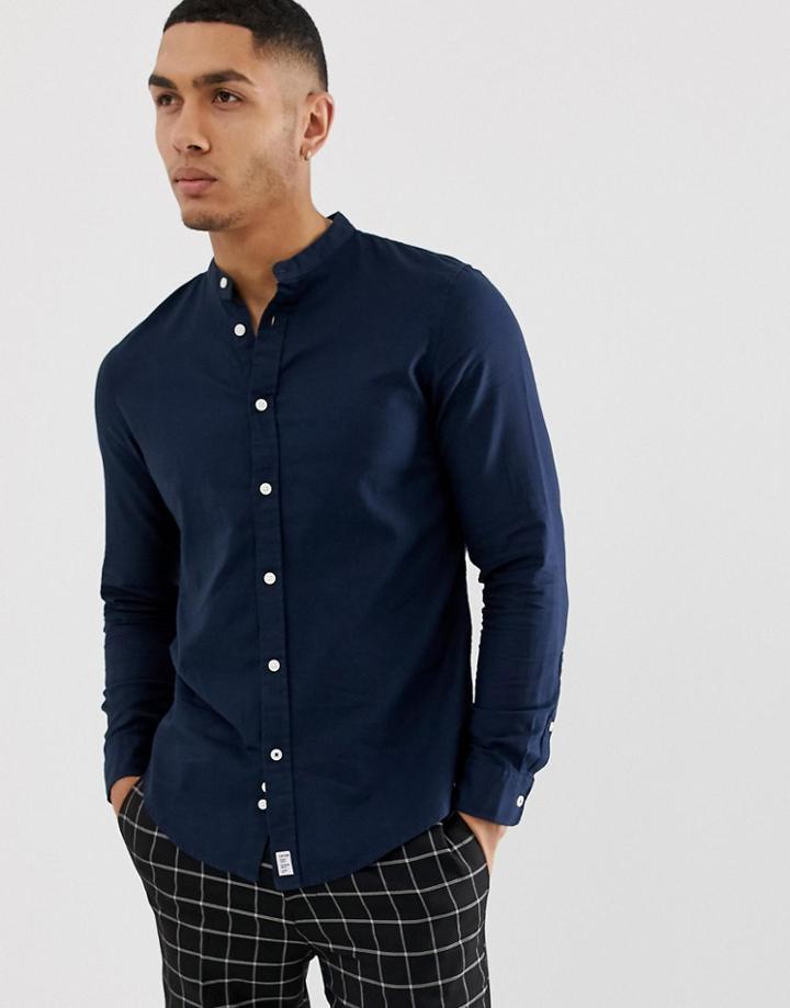 Bershka Shirt With Grandad Collar In Navy - Navy