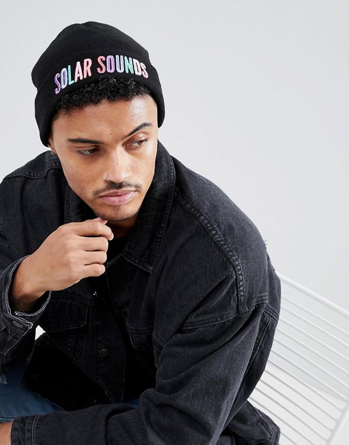 Asos Fisherman Beanie In Black With Embroidery - Black