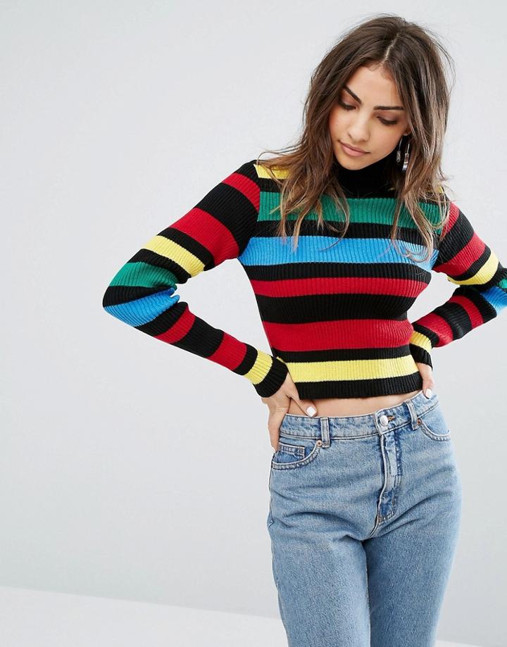 Daisy Street Cropped Shrunken Sweater In Rainbow Knit - Multi