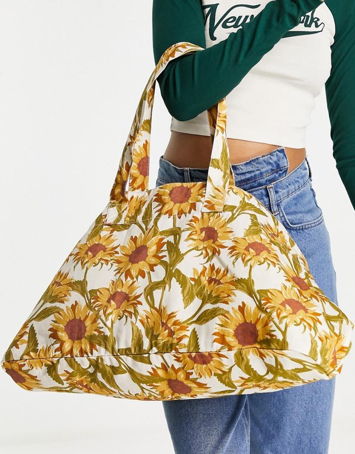 Asos Design Cotton Shopper Bag In Sunflower Print - Multi
