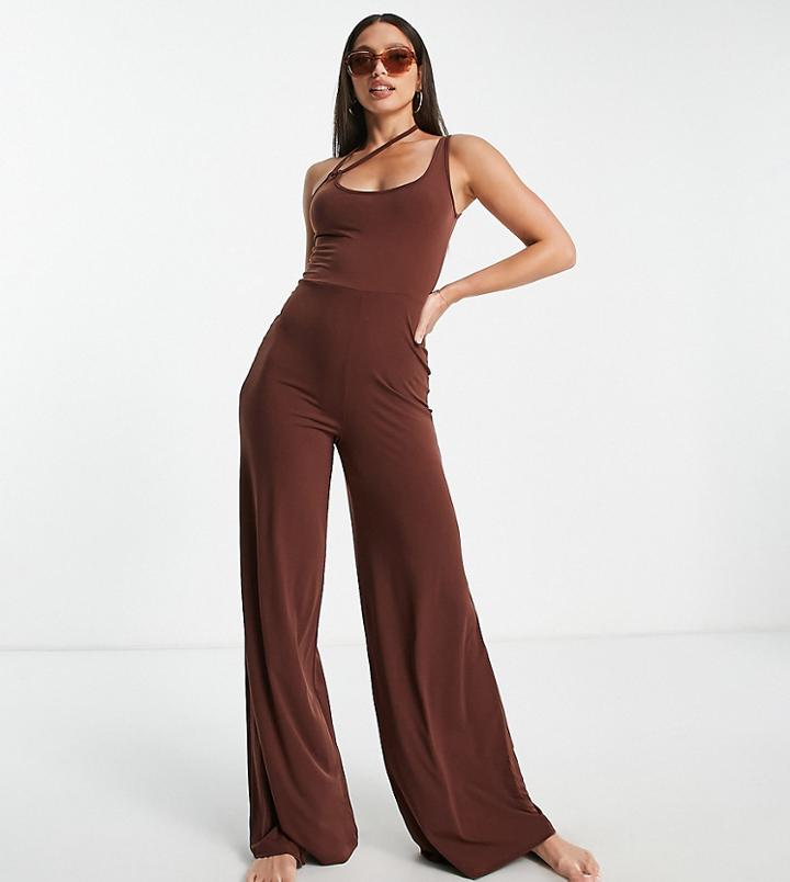 Asos Design Tall Cut Out Detail Beach Jumpsuit In Brown