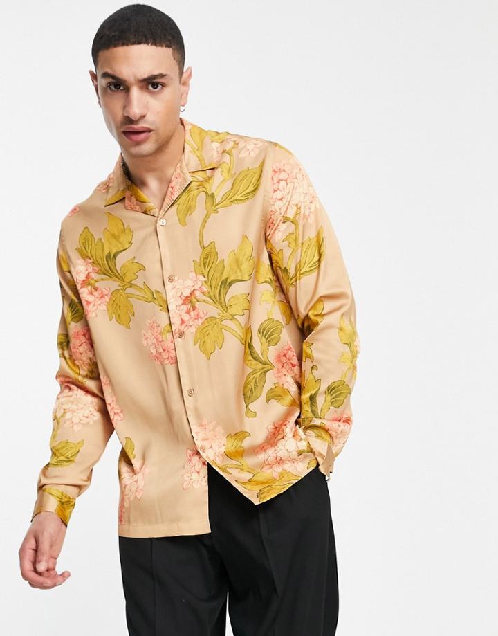 Asos Design Relaxed Revere Floral Beige Shirt-neutral