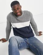 Hollister Icon Logo Color Block Heavyweight Cable Knit Sweater In Navy/gray