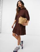 Only Puff Sleeve High Neck Waffle Smock Dress In Chocolate-brown